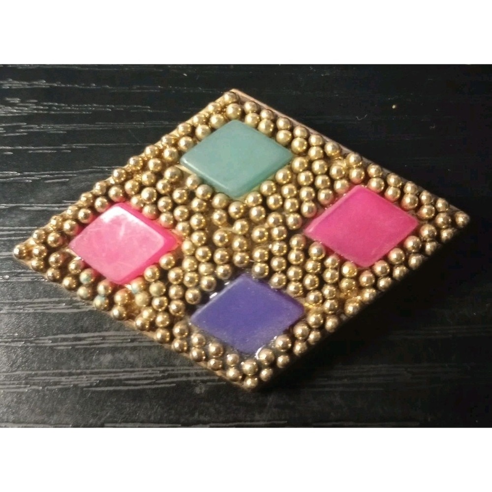Vintage 1980s Colorful Geometric Brooch Gold Tone Beaded‎ Resin Cabochons